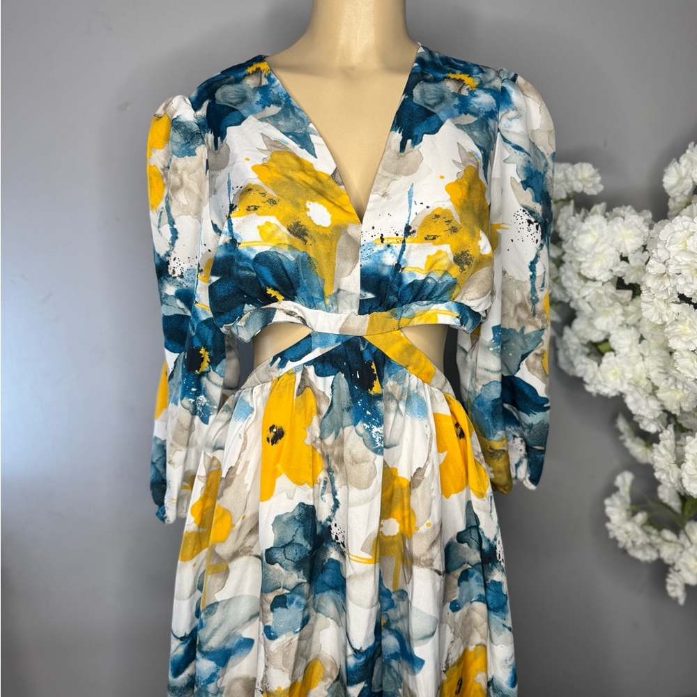 SHEIN Long Sleeve Floral Cutout Dress in Blue and Yellow
